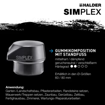                                             SIM­PLEX-Plus­box Star­ter­kit SIMPLEX-Schonhammer D80, Gummikomposition mit Standfuß / Superplastik sowie je ein TPE-soft und TPE-mid Schlageinsatz plus Flaschenöffner
 IM0014710 Foto ArtGrp Zusatz de

