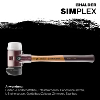                                             SIM­PLEX-Schon­häm­mer Gummikomposition, mit Standfuß / Superplastik; mit Tempergussgehäuse und hochwertigem Holzstiel
 IM0014892 Foto ArtGrp Zusatz de
